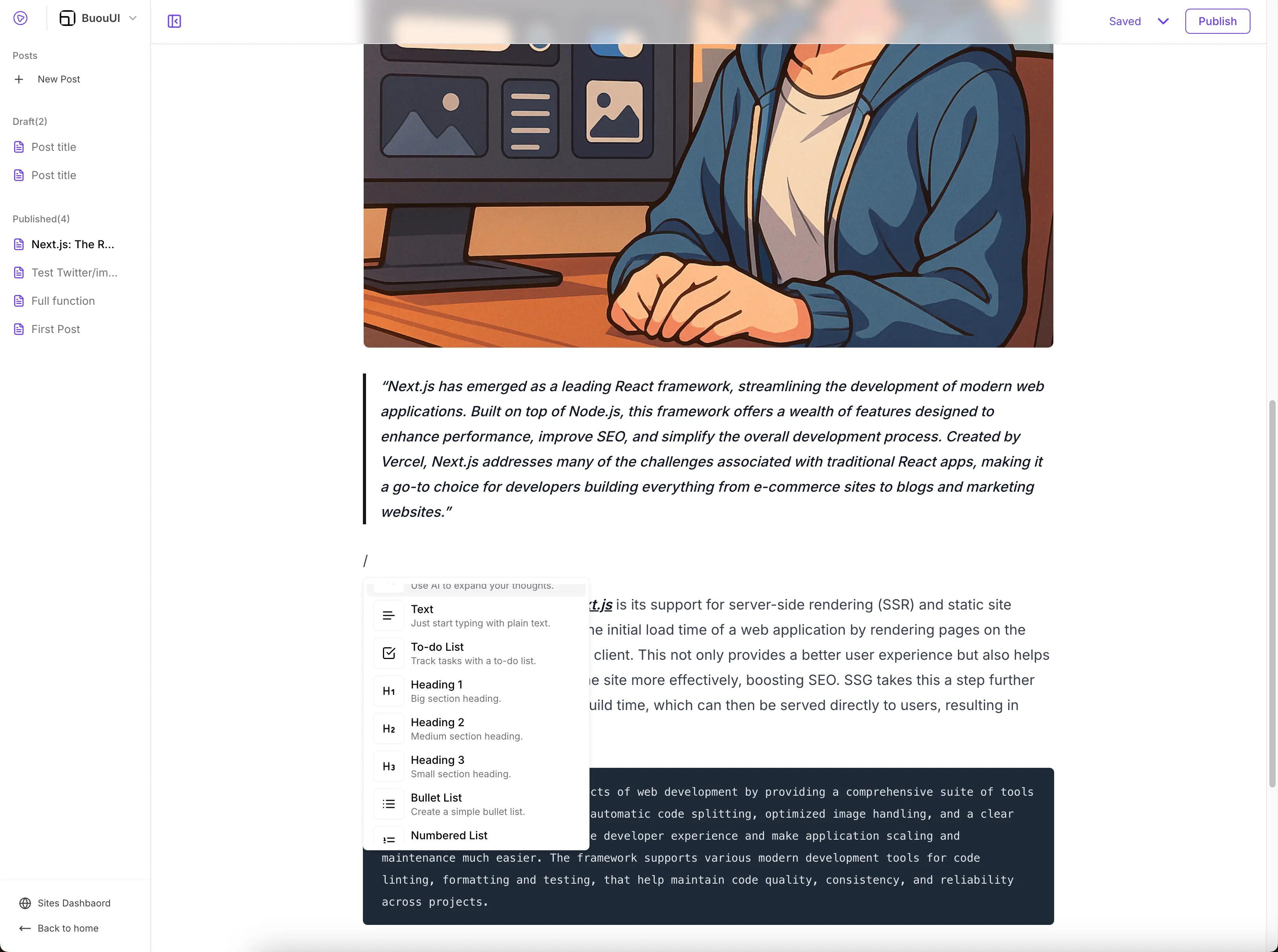 Content editor interface with AI writing assistance