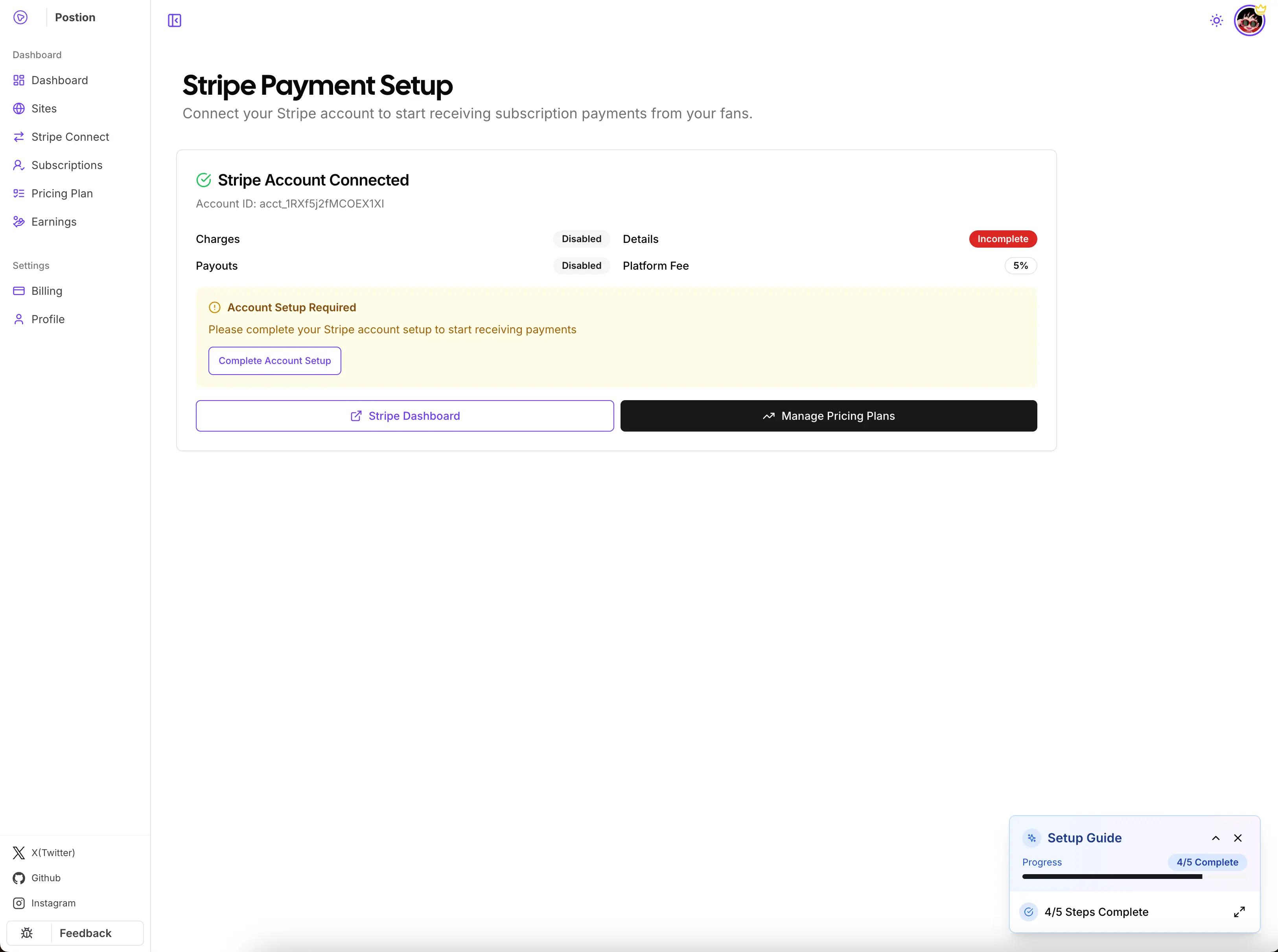 Stripe integration dashboard with payment setup