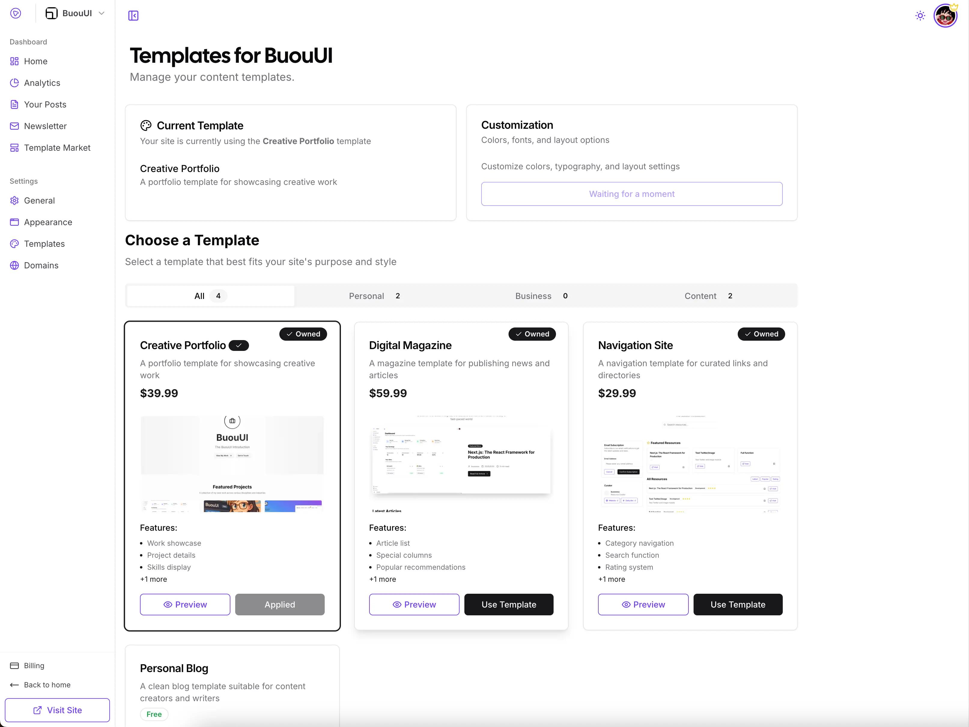Template selection gallery with customization options