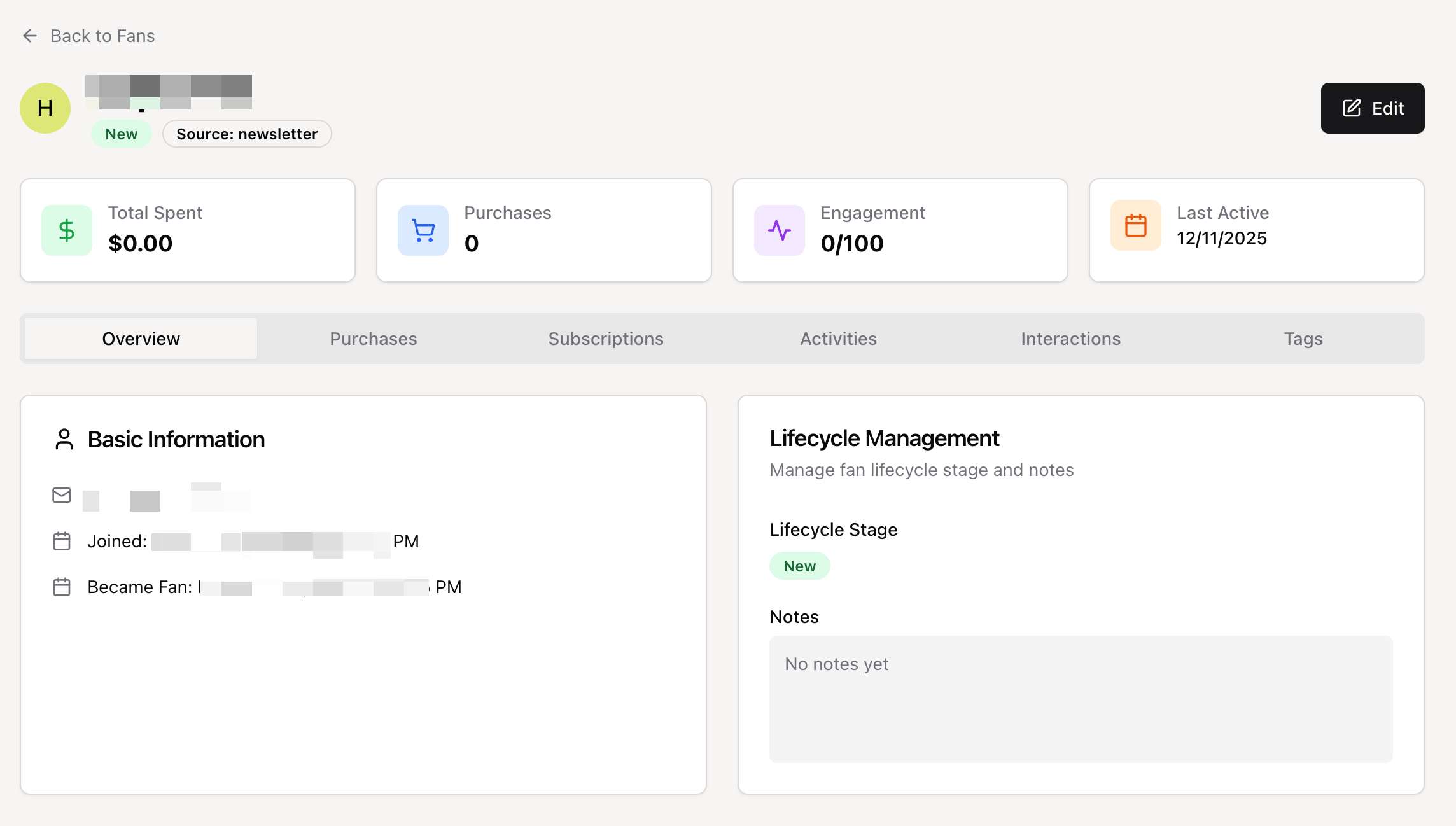 Fan Detail View - Showing the fan detail